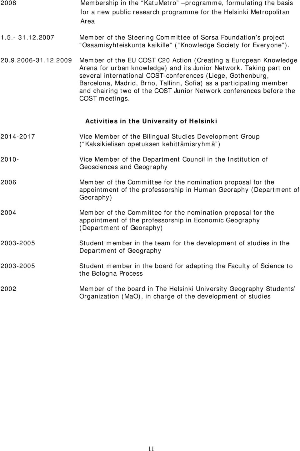 2009 Member of the EU COST C20 Action (Creating a European Knowledge Arena for urban knowledge) and its Junior Network.