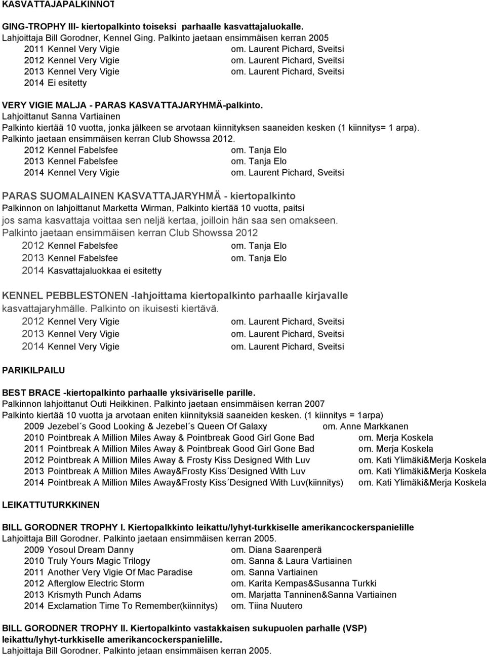 Lahjoittanut Sanna Vartiainen Palkinto kiertää 10 vuotta, jonka jälkeen se arvotaan kiinnityksen saaneiden kesken (1 kiinnitys= 1 arpa). Palkinto jaetaan ensimmäisen kerran Club Showssa 2012.