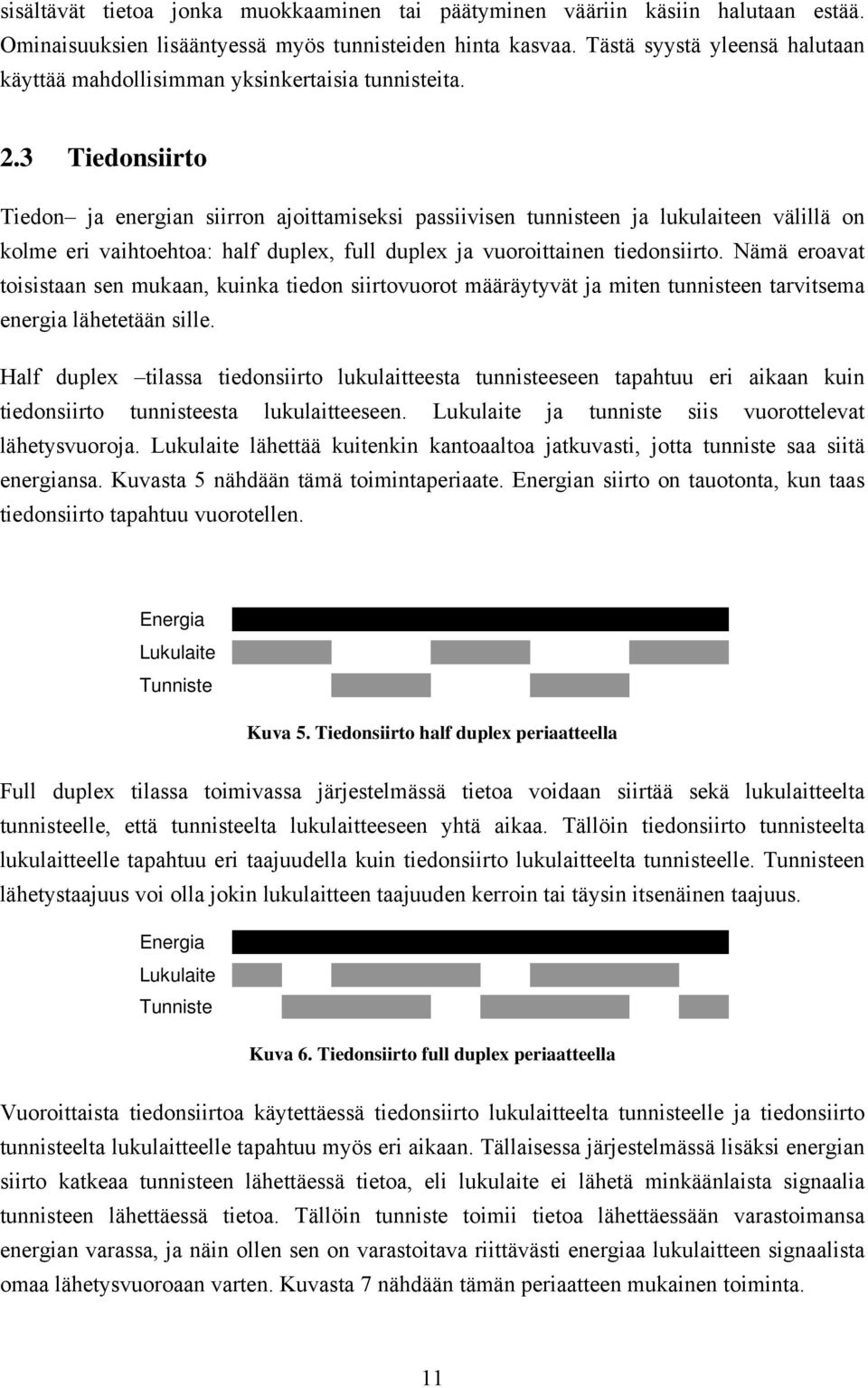 3 Tiedonsiirto Tiedon ja energian siirron ajoittamiseksi passiivisen tunnisteen ja lukulaiteen välillä on kolme eri vaihtoehtoa: half duplex, full duplex ja vuoroittainen tiedonsiirto.