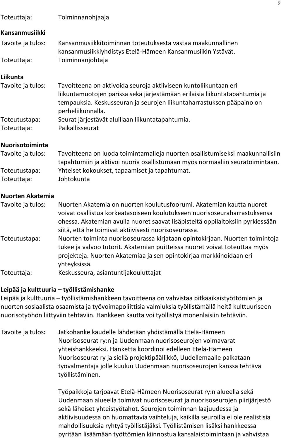 Keskusseuran ja seurojen liikuntaharrastuksen pääpaino on perheliikunnalla. Seurat järjestävät aluillaan liikuntatapahtumia.