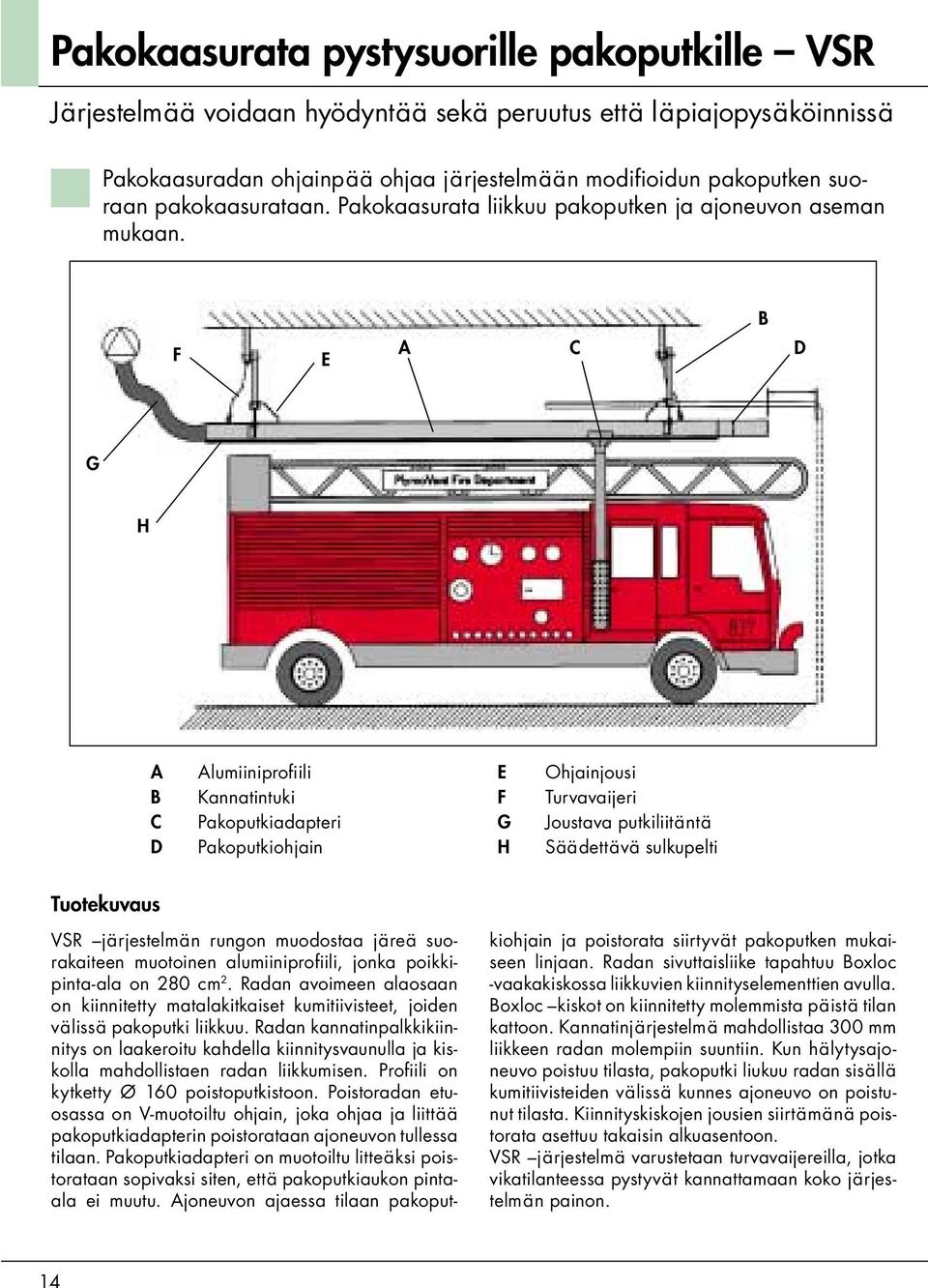 B F E A C D G H A B C D Alumiiniprofiili Kannatintuki Pakoputkiadapteri Pakoputkiohjain E F G H Ohjainjousi Turvavaijeri Joustava putkiliitäntä Säädettävä sulkupelti Tuotekuvaus VSR järjestelmän