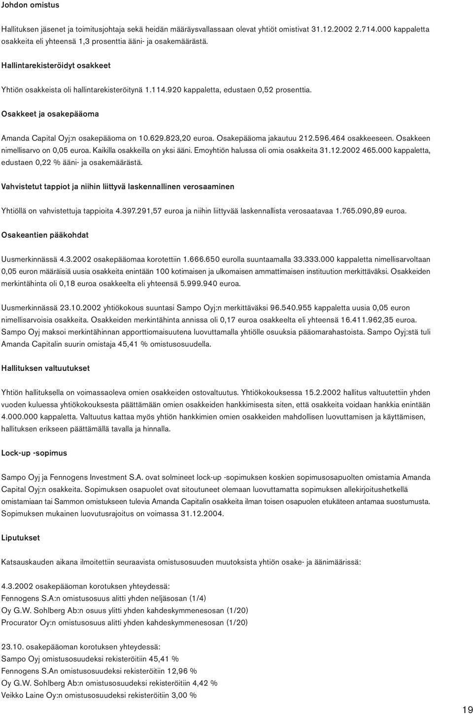 Osakkeet ja osakepääoma Amanda Capital Oyj:n osakepääoma on 10.629.823,20 euroa. Osakepääoma jakautuu 212.596.464 osakkeeseen. Osakkeen nimellisarvo on 0,05 euroa. Kaikilla osakkeilla on yksi ääni.