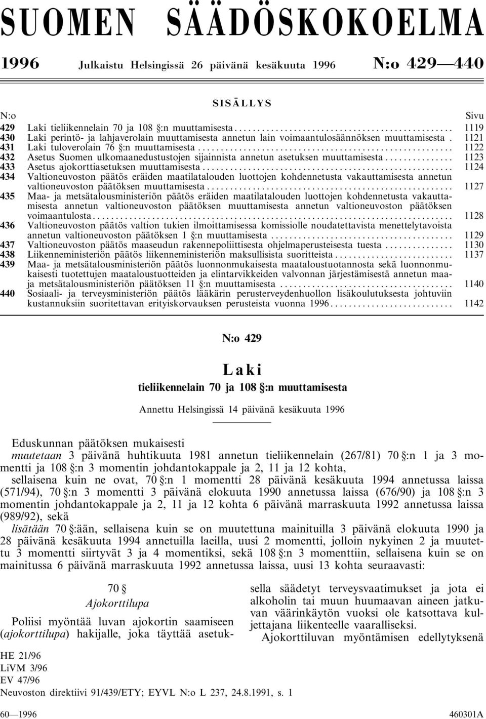 .. 1122 432 Asetus Suomen ulkomaanedustustojen sijainnista annetun asetuksen muuttamisesta... 1123 433 Asetus ajokorttiasetuksen muuttamisesta.