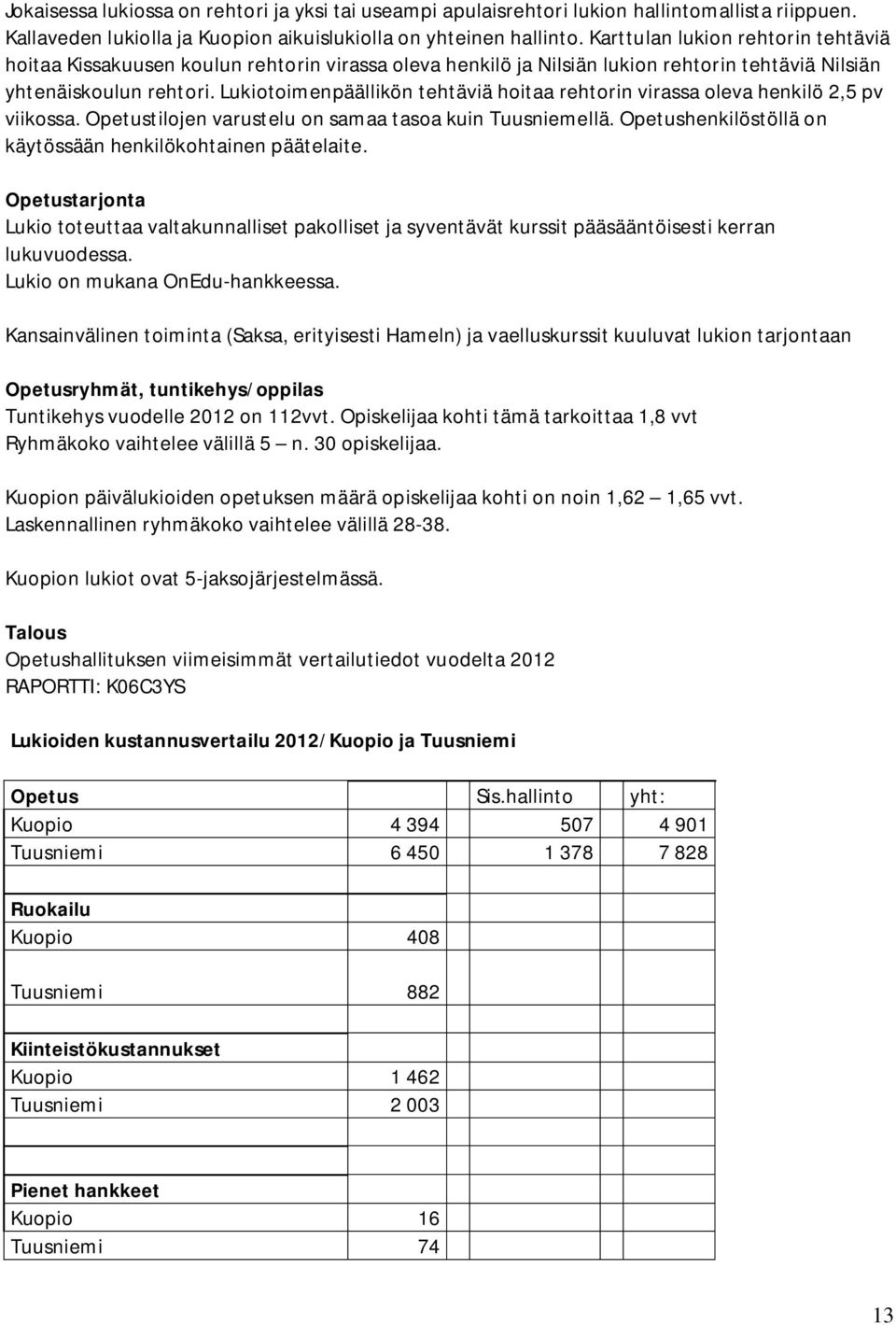 Lukiotoimenpäällikön tehtäviä hoitaa rehtorin virassa oleva henkilö 2,5 pv viikossa. Opetustilojen varustelu on samaa tasoa kuin Tuusniemellä.