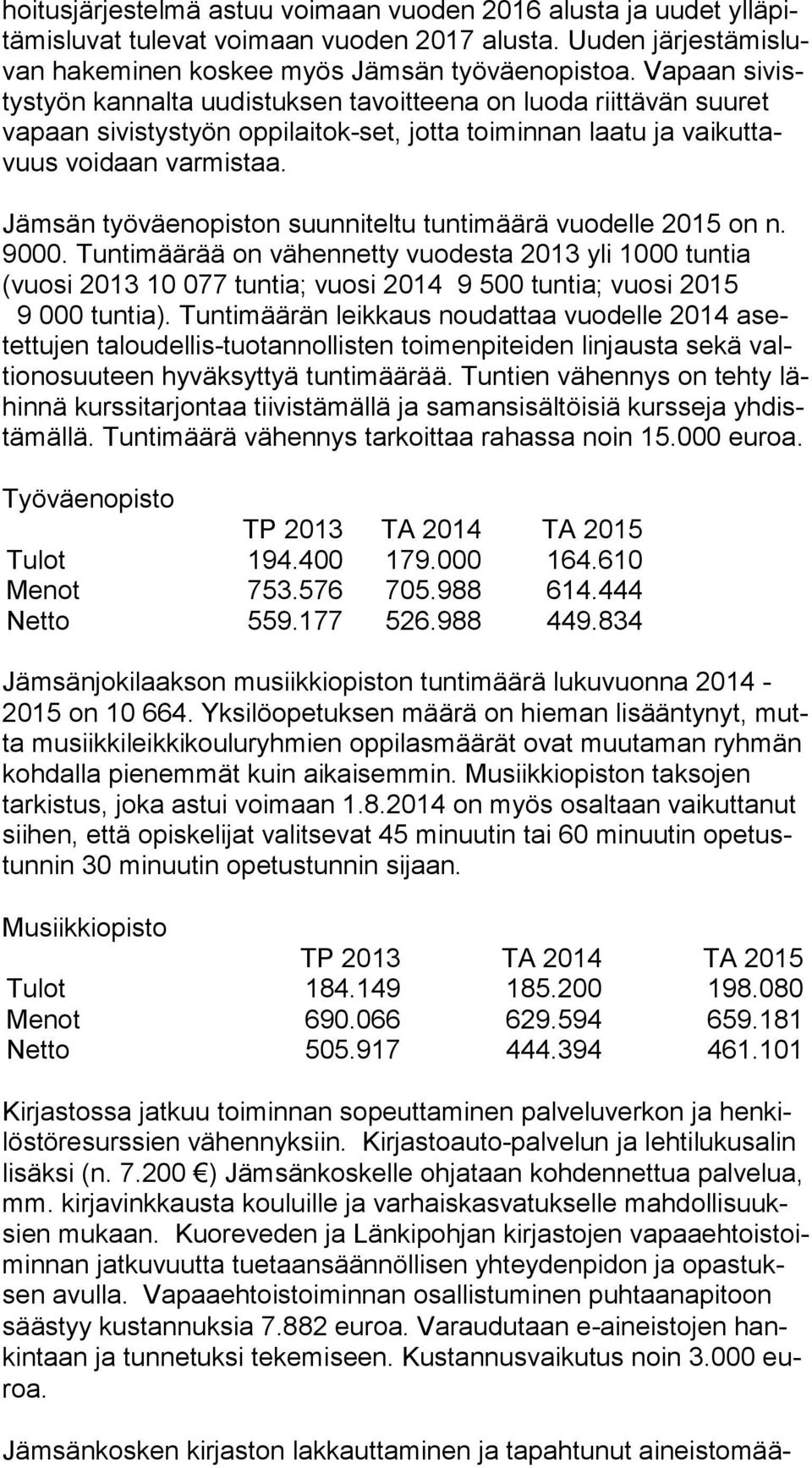 Jämsän työväenopiston suunniteltu tuntimäärä vuodelle 2015 on n. 9000.