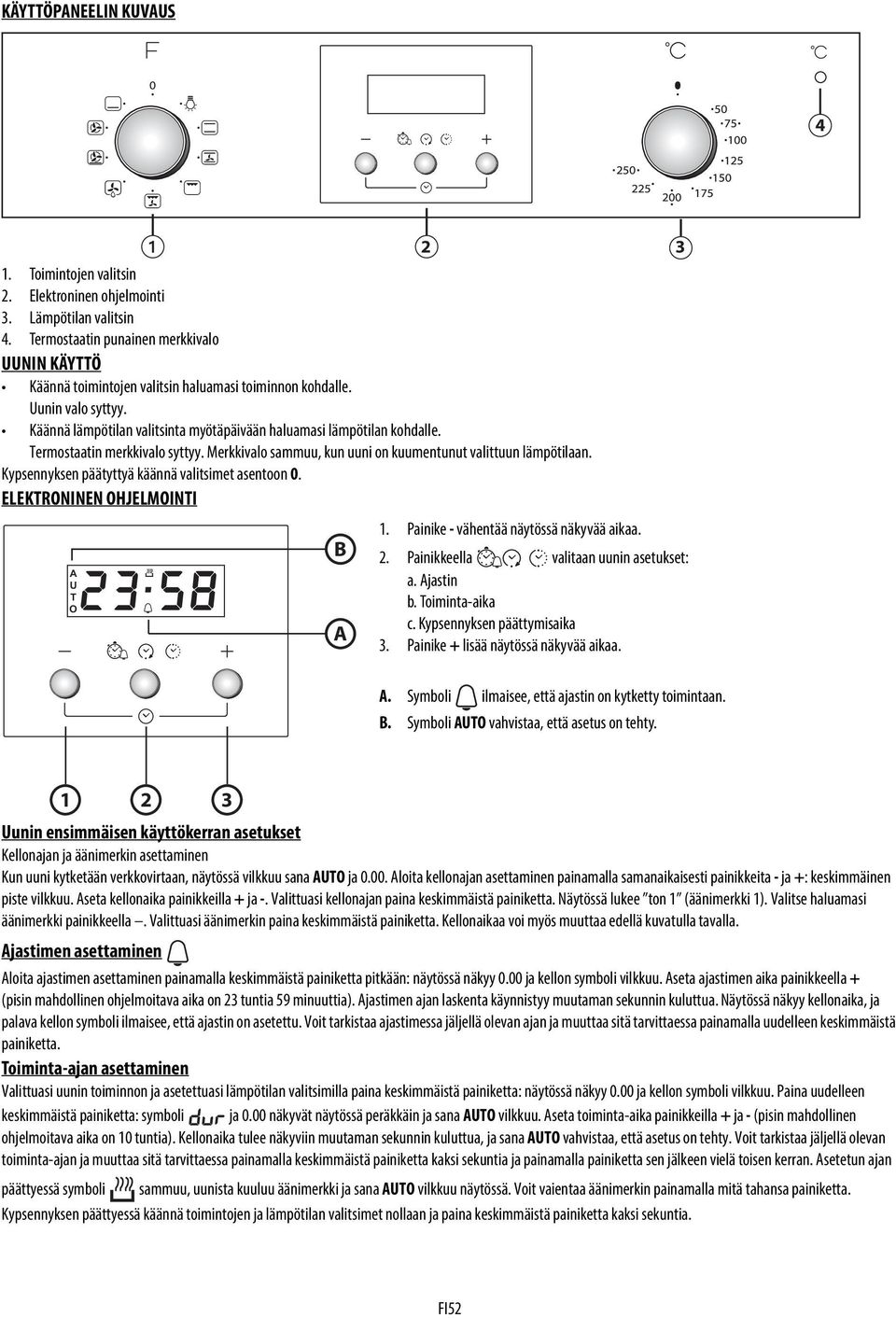 Termostaatin merkkivalo syttyy. Merkkivalo sammuu, kun uuni on kuumentunut valittuun lämpötilaan. Kypsennyksen päätyttyä käännä valitsimet asentoon 0. ELEKTRONINEN OHJELMOINTI A U T O B A 2 1.