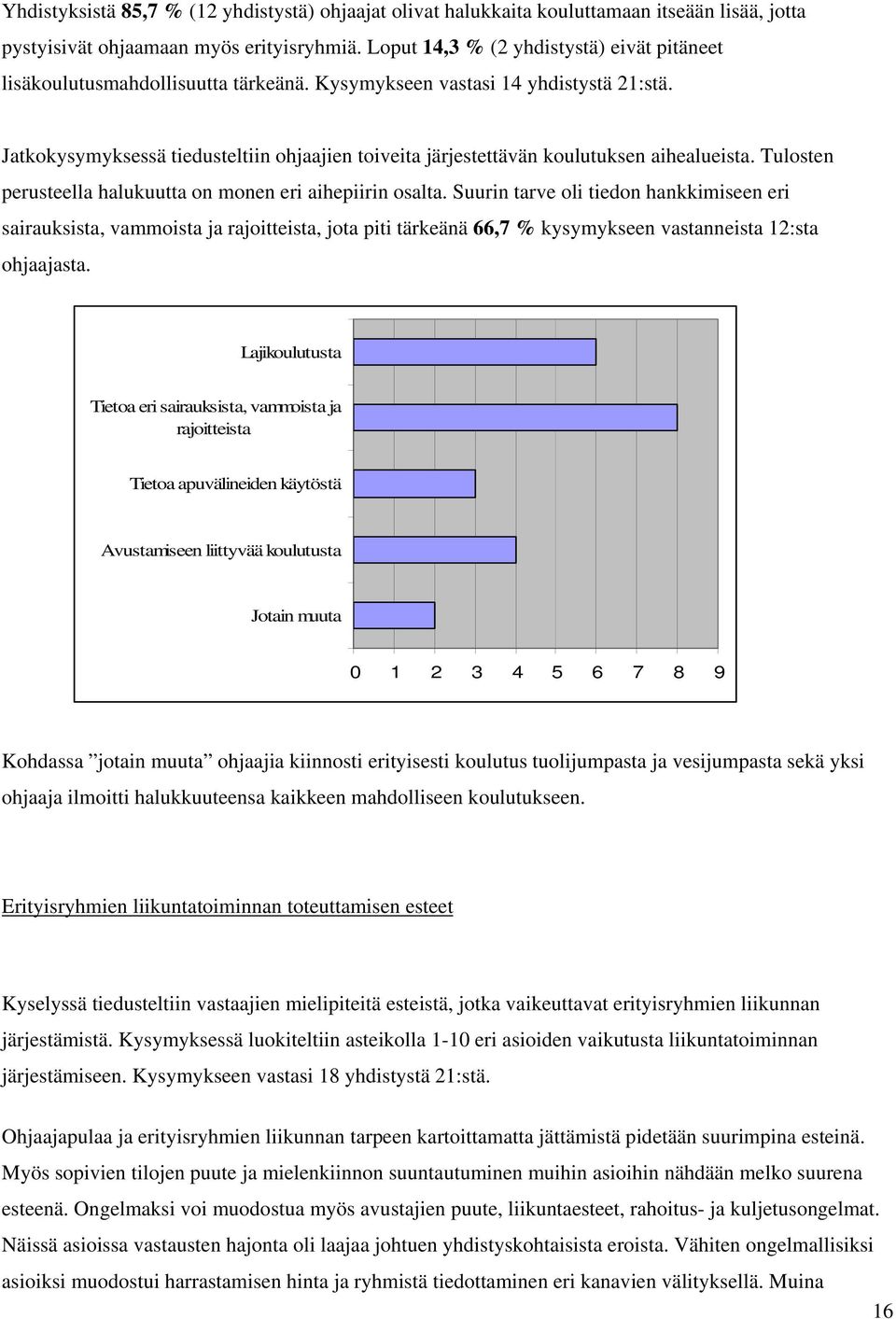 Jatkokysymyksessä tiedusteltiin ohjaajien toiveita järjestettävän koulutuksen aihealueista. Tulosten perusteella halukuutta on monen eri aihepiirin osalta.