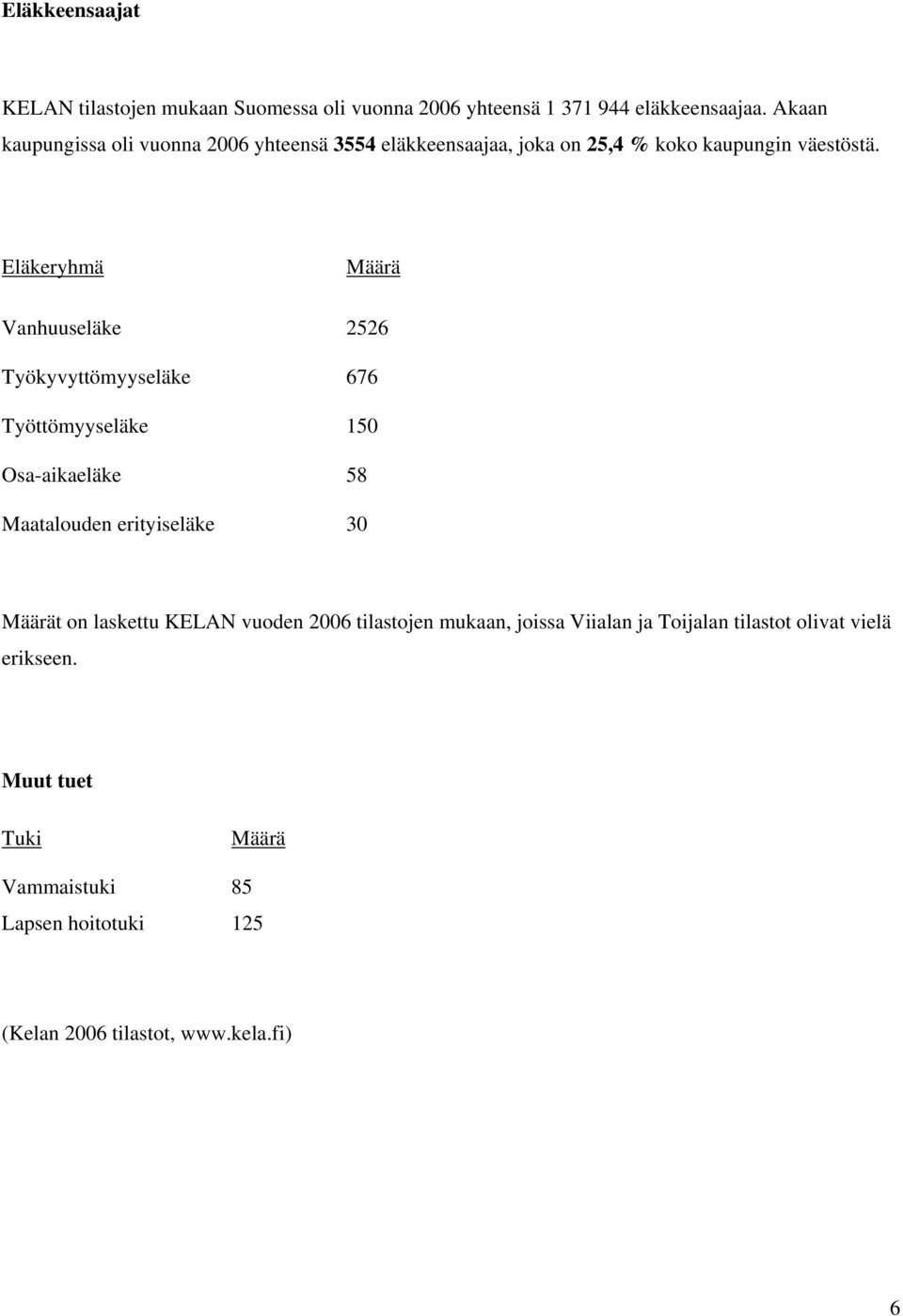 Eläkeryhmä Määrä Vanhuuseläke 2526 Työkyvyttömyyseläke 676 Työttömyyseläke 150 Osa-aikaeläke 58 Maatalouden erityiseläke 30 Määrät on