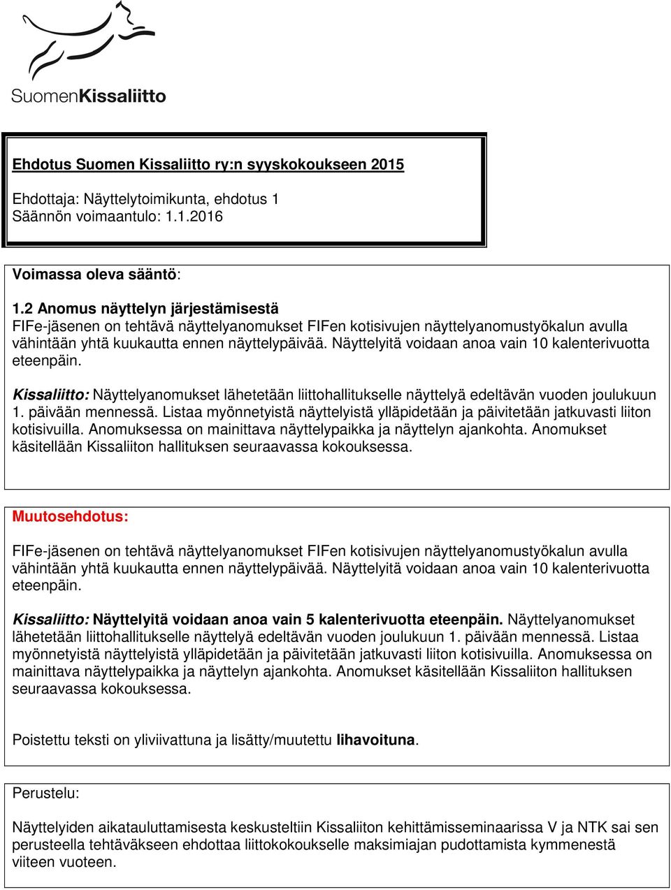 Näyttelyitä voidaan anoa vain 10 kalenterivuotta eteenpäin. Kissaliitto: Näyttelyanomukset lähetetään liittohallitukselle näyttelyä edeltävän vuoden joulukuun 1. päivään mennessä.