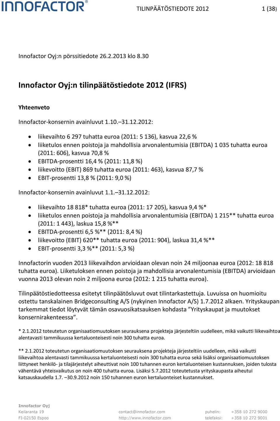 (IFRS) Yhteenveto Innofactor-konsernin avainluvut 1.10. 31.12.