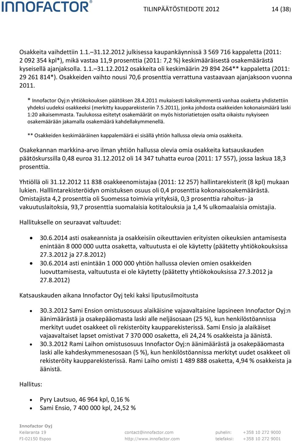 * :n yhtiökokouksen päätöksen 28.4.2011 mukaisesti kaksikymmentä vanhaa osaketta yhdistettiin yhdeksi uudeksi osakkeeksi (merkitty kaupparekisteriin 7.5.