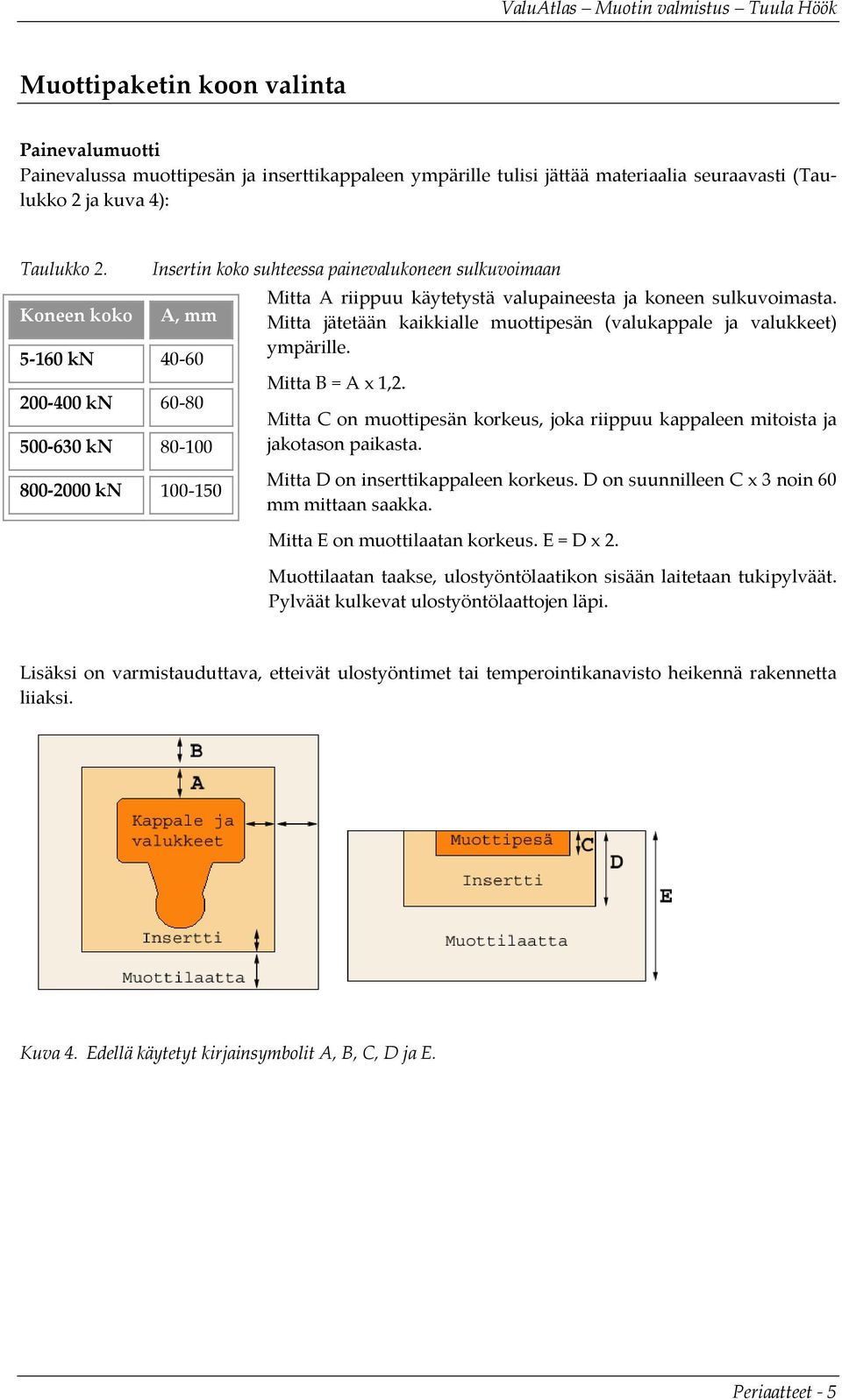 sulkuvoimasta. Mitta jätetään kaikkialle muottipesän (valukappale ja valukkeet) ympärille. Mitta B = A x 1,2. Mitta C on muottipesän korkeus, joka riippuu kappaleen mitoista ja jakotason paikasta.