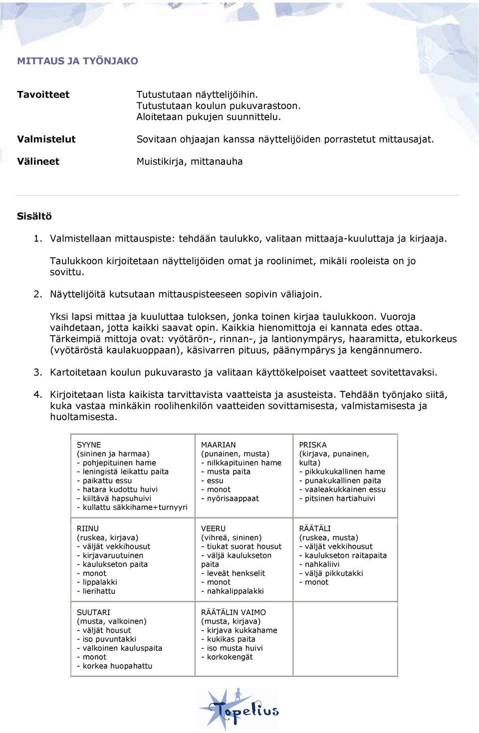 Taulukkoon kirjoitetaan näyttelijöiden omat ja roolinimet, mikäli rooleista on jo sovittu. 2. Näyttelijöitä kutsutaan mittauspisteeseen sopivin väliajoin.