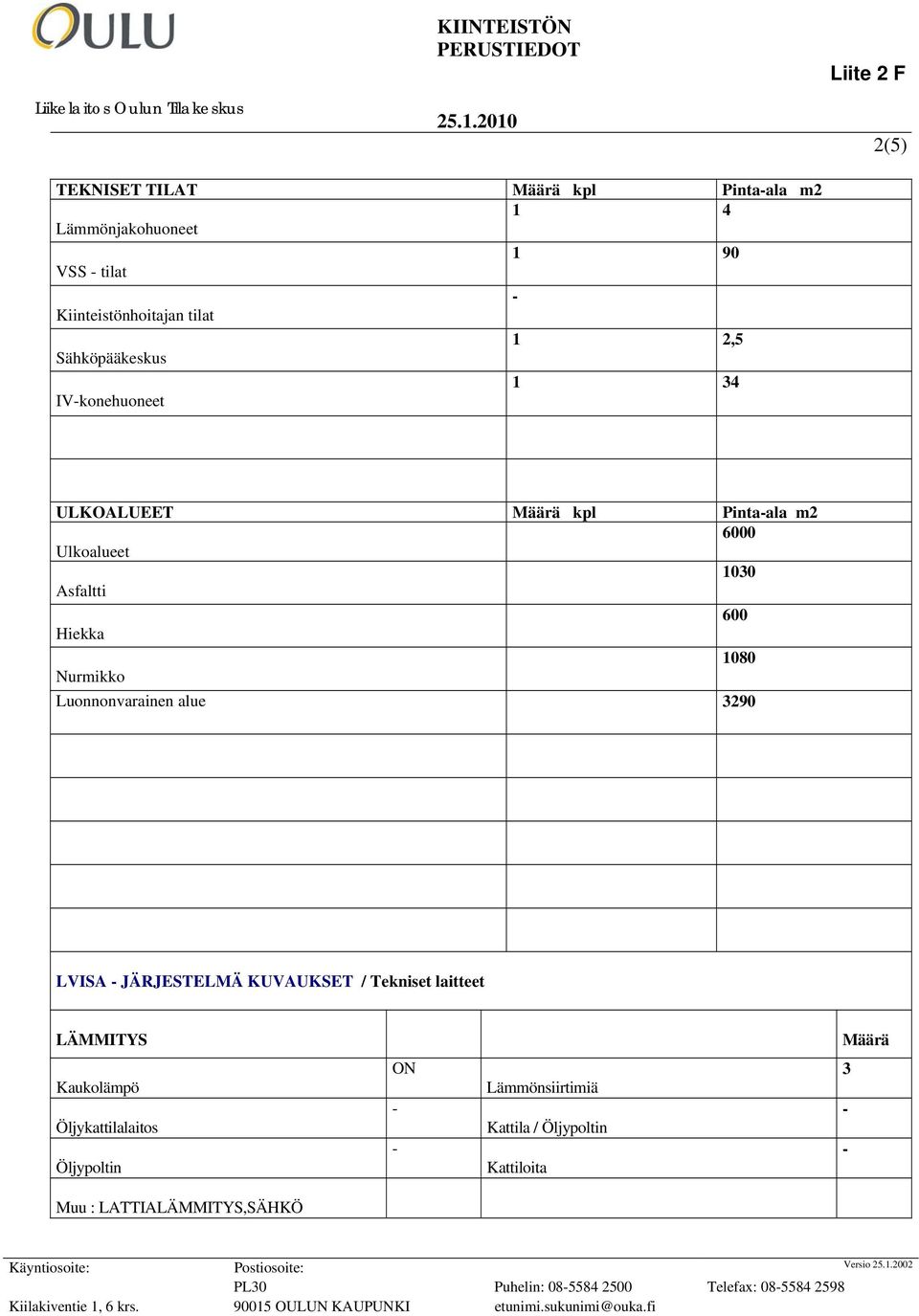 alue 390 LVISA JÄRJESTELMÄ KUVAUKSET / Tekniset laitteet LÄMMITYS Kaukolämpö Öljykattilalaitos Öljypoltin