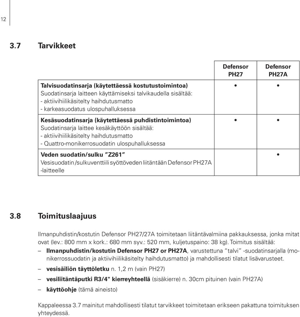 Veden suodatin/sulku Z261 Vesisuodatin /sulkuventtiili syöttöveden liitäntään Defensor PH27A -laitteelle Defensor PH27 Defensor PH27A 3.