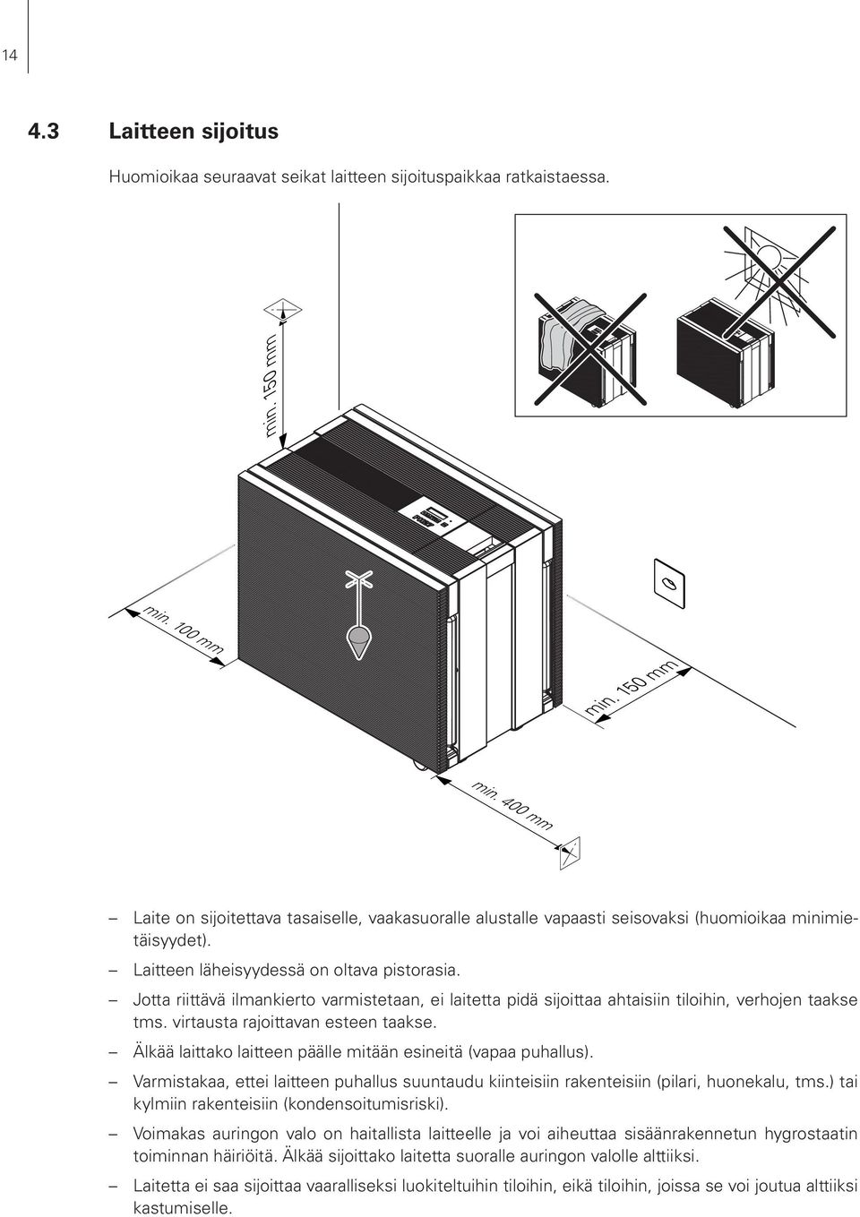 Jotta riittävä ilmankierto varmistetaan, ei laitetta pidä sijoittaa ahtaisiin tiloihin, verhojen taakse tms. virtausta rajoittavan esteen taakse.