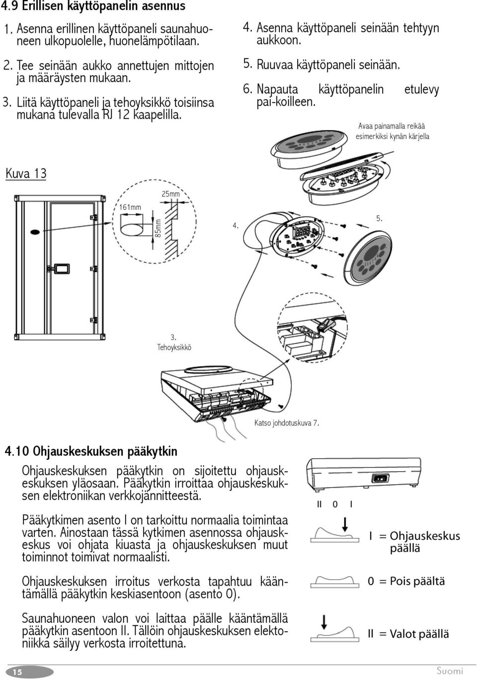 Napauta käyttöpanelin etulevy pai-koilleen. Avaa painamalla reikää esimerkiksi kynän kärjella Kuva 13 161mm 85mm 25mm 4.