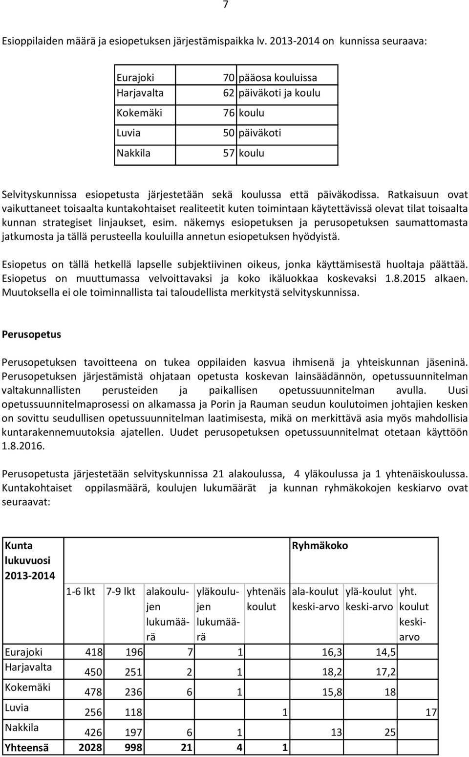 koulussa että päiväkodissa. Ratkaisuun ovat vaikuttaneet toisaalta kuntakohtaiset realiteetit kuten toimintaan käytettävissä olevat tilat toisaalta kunnan strategiset linjaukset, esim.