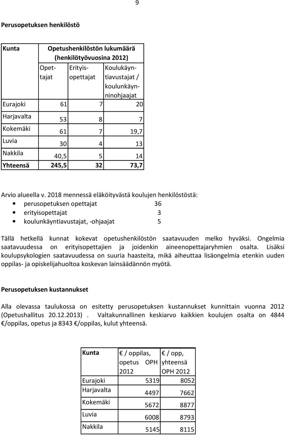 2018 mennessä eläköityvästä koulujen henkilöstöstä: perusopetuksen opettajat 36 erityisopettajat 3 koulunkäyntiavustajat, -ohjaajat 5 Tällä hetkellä kunnat kokevat opetushenkilöstön saatavuuden melko