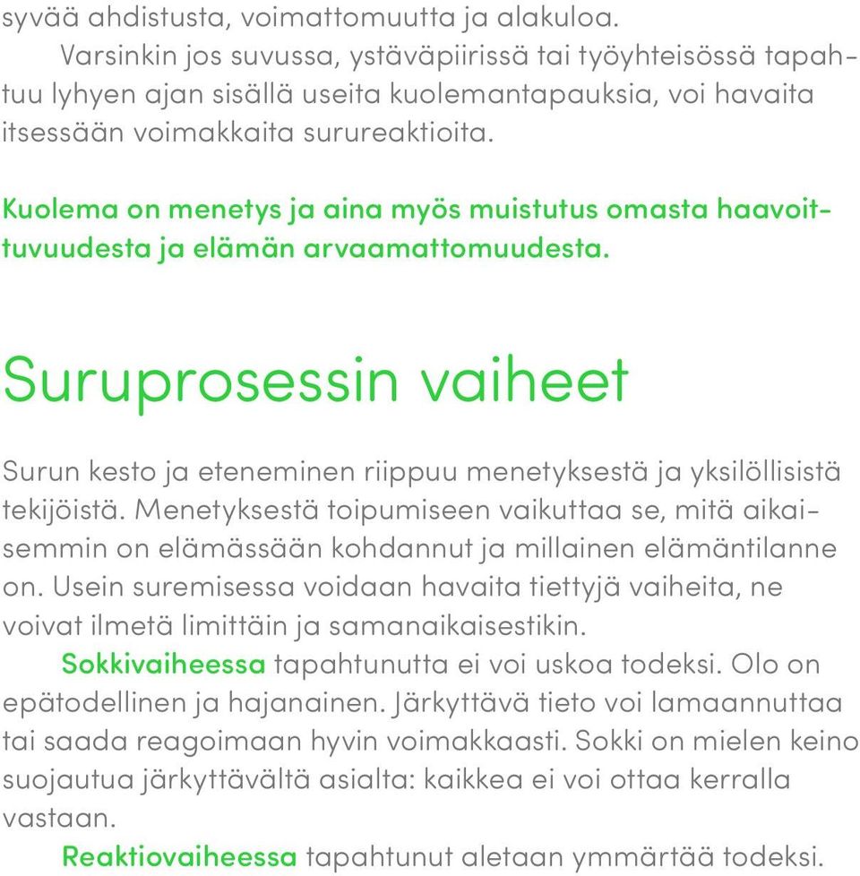 Kuolema on menetys ja aina myös muistutus omasta haavoittuvuudesta ja elämän arvaamattomuudesta. Suruprosessin vaiheet Surun kesto ja eteneminen riippuu menetyksestä ja yksilöllisistä tekijöistä.