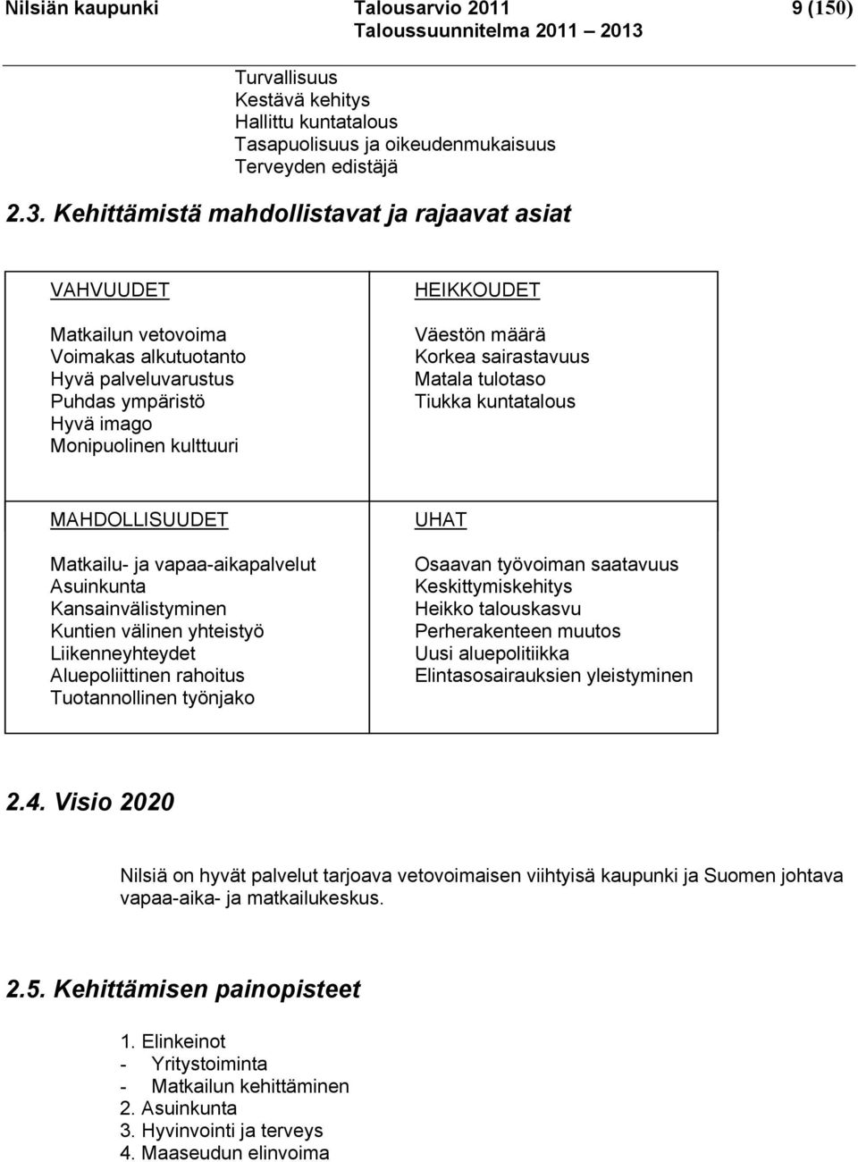 Korkea sairastavuus Matala tulotaso Tiukka kuntatalous MAHDOLLISUUDET Matkailu- ja vapaa-aikapalvelut Asuinkunta Kansainvälistyminen Kuntien välinen yhteistyö Liikenneyhteydet Aluepoliittinen