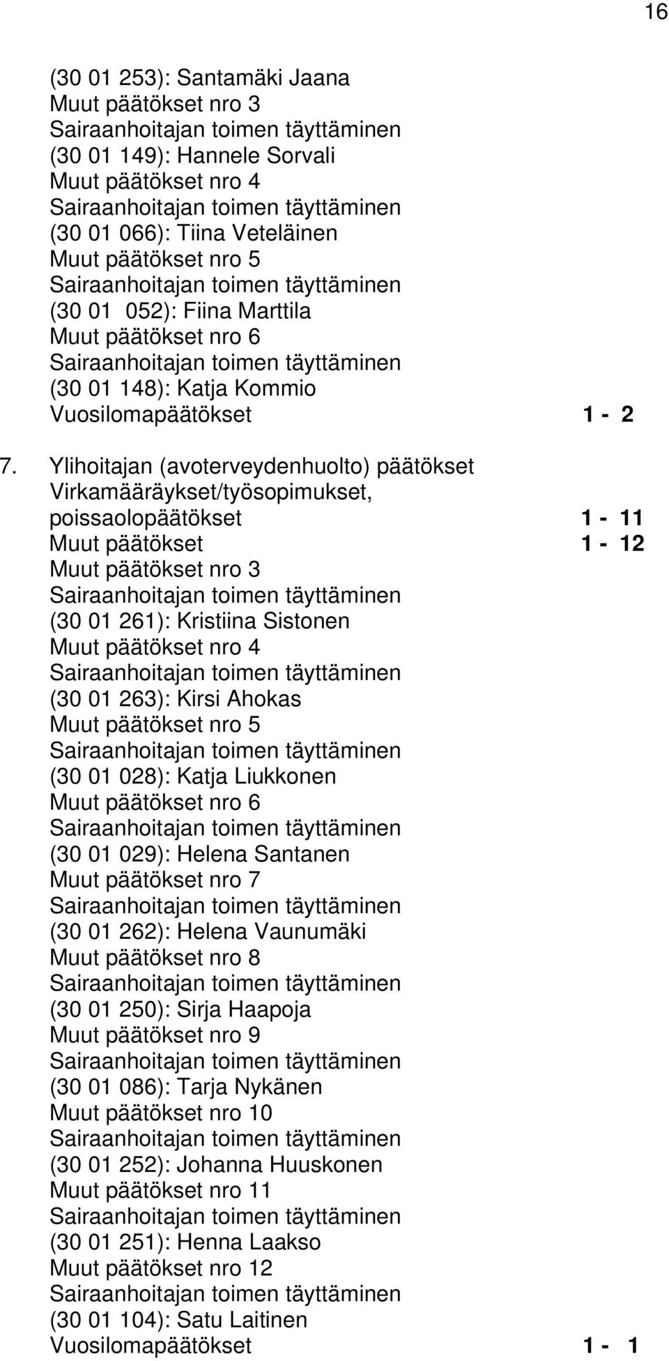 Ylihoitajan (avoterveydenhuolto) päätökset Virkamääräykset/työsopimukset, poissaolopäätökset 1-11 Muut päätökset 1-12 Muut päätökset nro 3 (30 01 261): Kristiina Sistonen Muut päätökset nro 4 (30 01