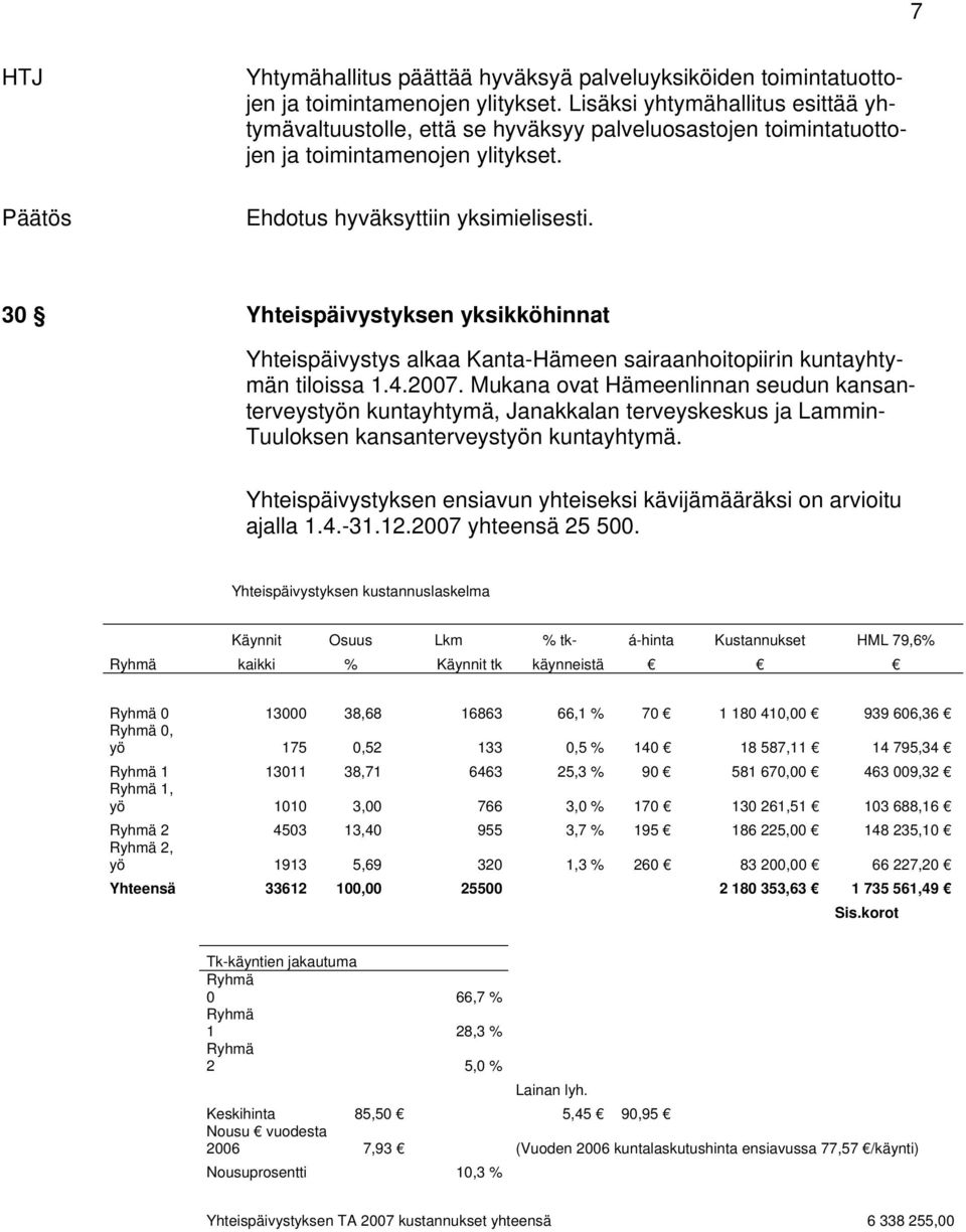 30 Yhteispäivystyksen yksikköhinnat Yhteispäivystys alkaa Kanta-Hämeen sairaanhoitopiirin kuntayhtymän tiloissa 1.4.2007.