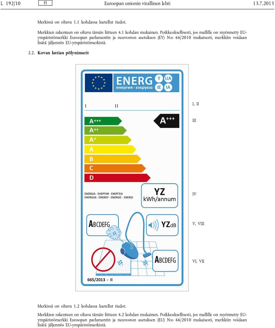 EU-ympäristömerkistä. 2.2. Kovan lattian pölynimurit Merkissä on oltava 1.2 kohdassa luetellut tiedot. Merkkien rakenteen on oltava tämän liitteen 4.2 kohdan mukainen.