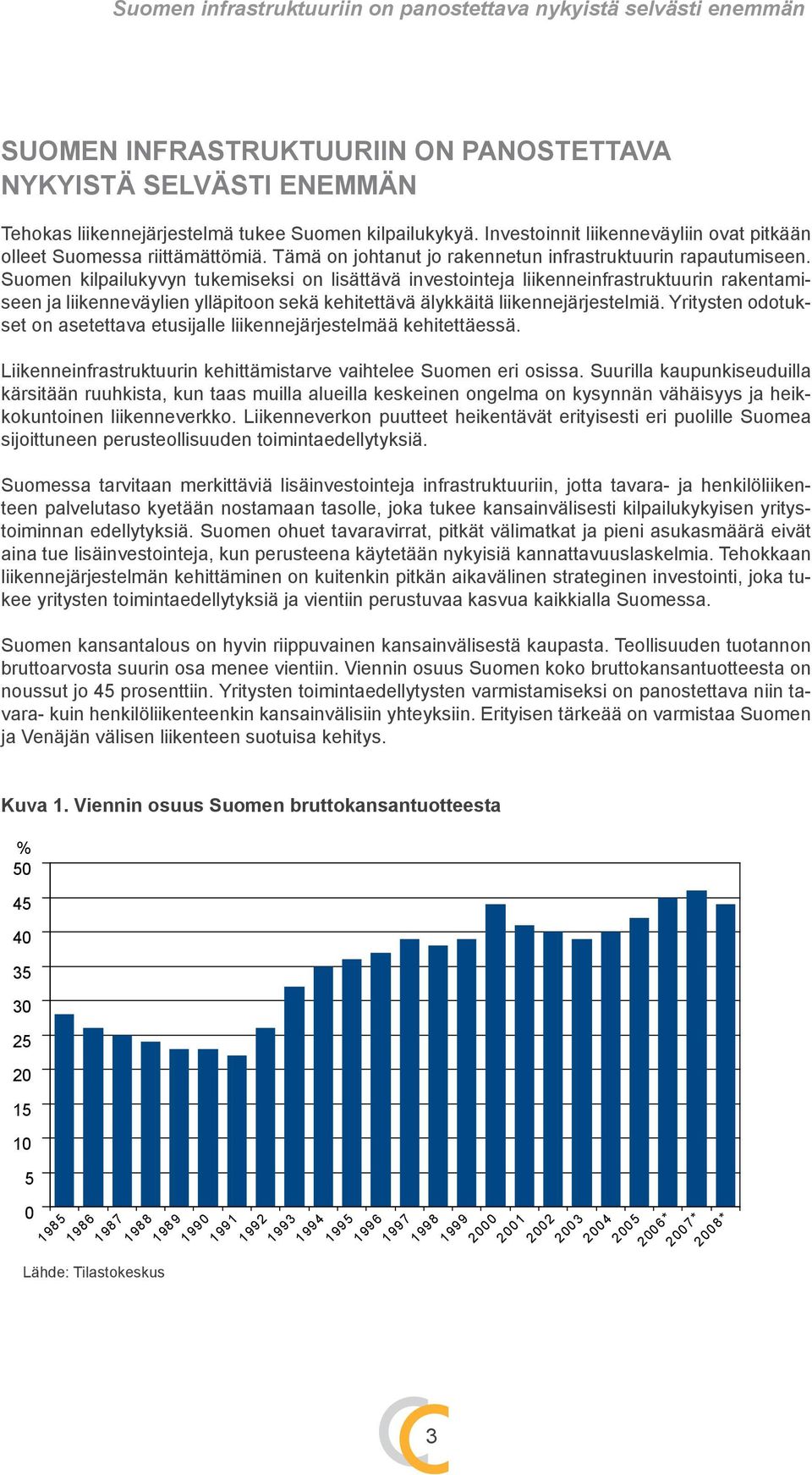 Suomen kilpailukyvyn tukemiseksi on lisättävä investointeja liikenneinfrastruktuurin rakentamiseen ja liikenneväylien ylläpitoon sekä kehitettävä älykkäitä liikennejärjestelmiä.