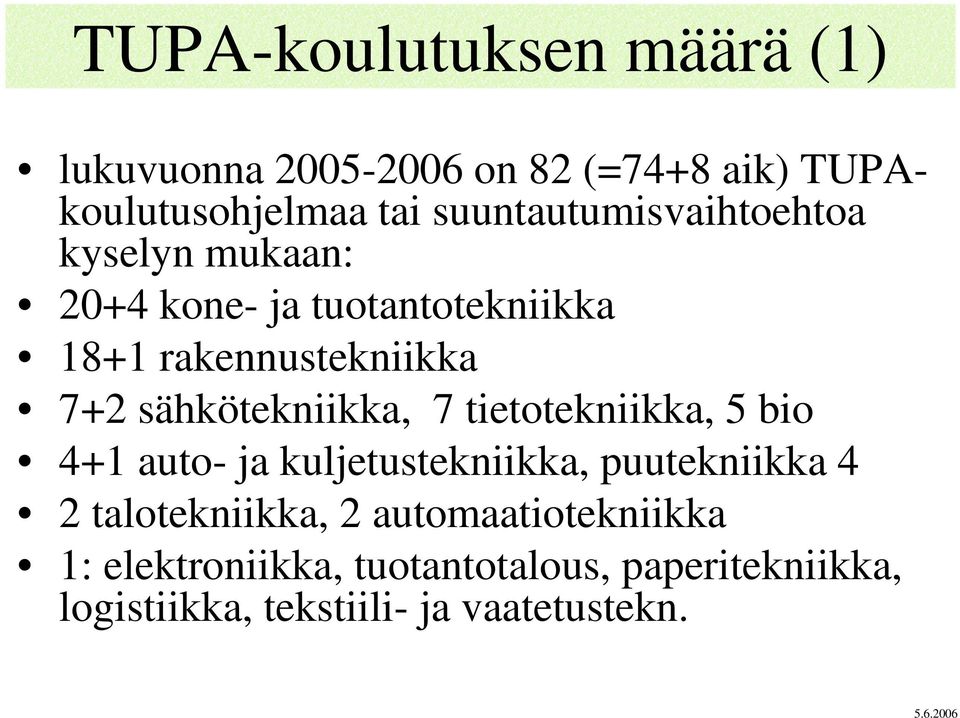 sähkötekniikka, 7 tietotekniikka, 5 bio 4+1 auto- ja kuljetustekniikka, puutekniikka 4 2 talotekniikka,