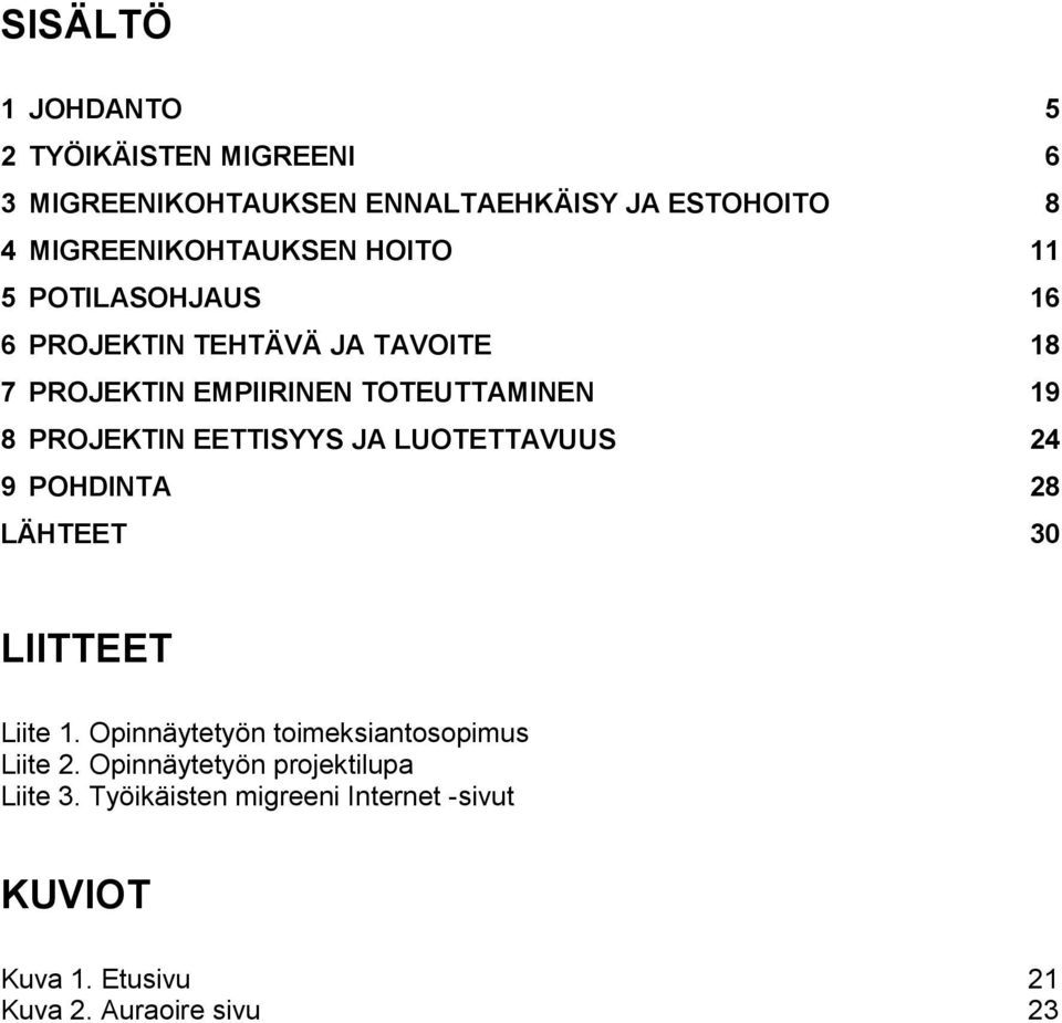 TOTEUTTAMINEN 19 8 PROJEKTIN EETTISYYS JA LUOTETTAVUUS 24 9 POHDINTA 28 LÄHTEET 30 LIITTEET Liite 1.