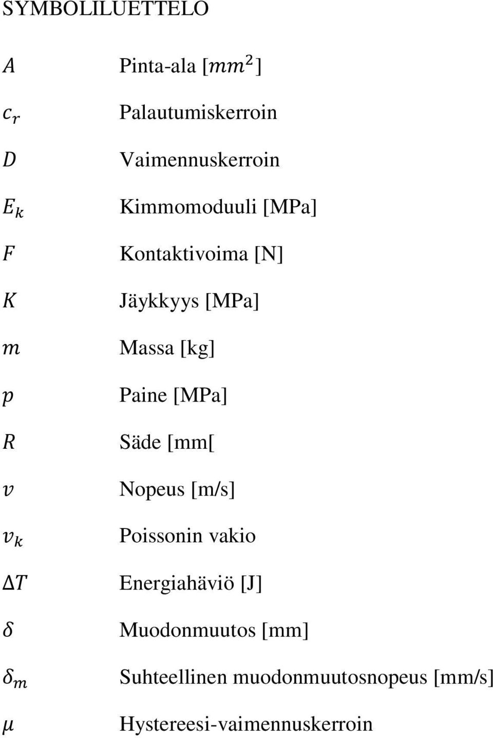 [MPa] Säde [mm[ Nopeus [m/s] Poissonin vakio Energiahäviö [J]