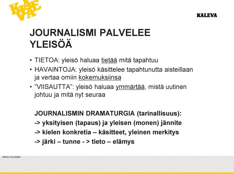 ymmärtää, mistä uutinen johtuu ja mitä nyt seuraa JOURNALISMIN DRAMATURGIA (tarinallisuus): ->