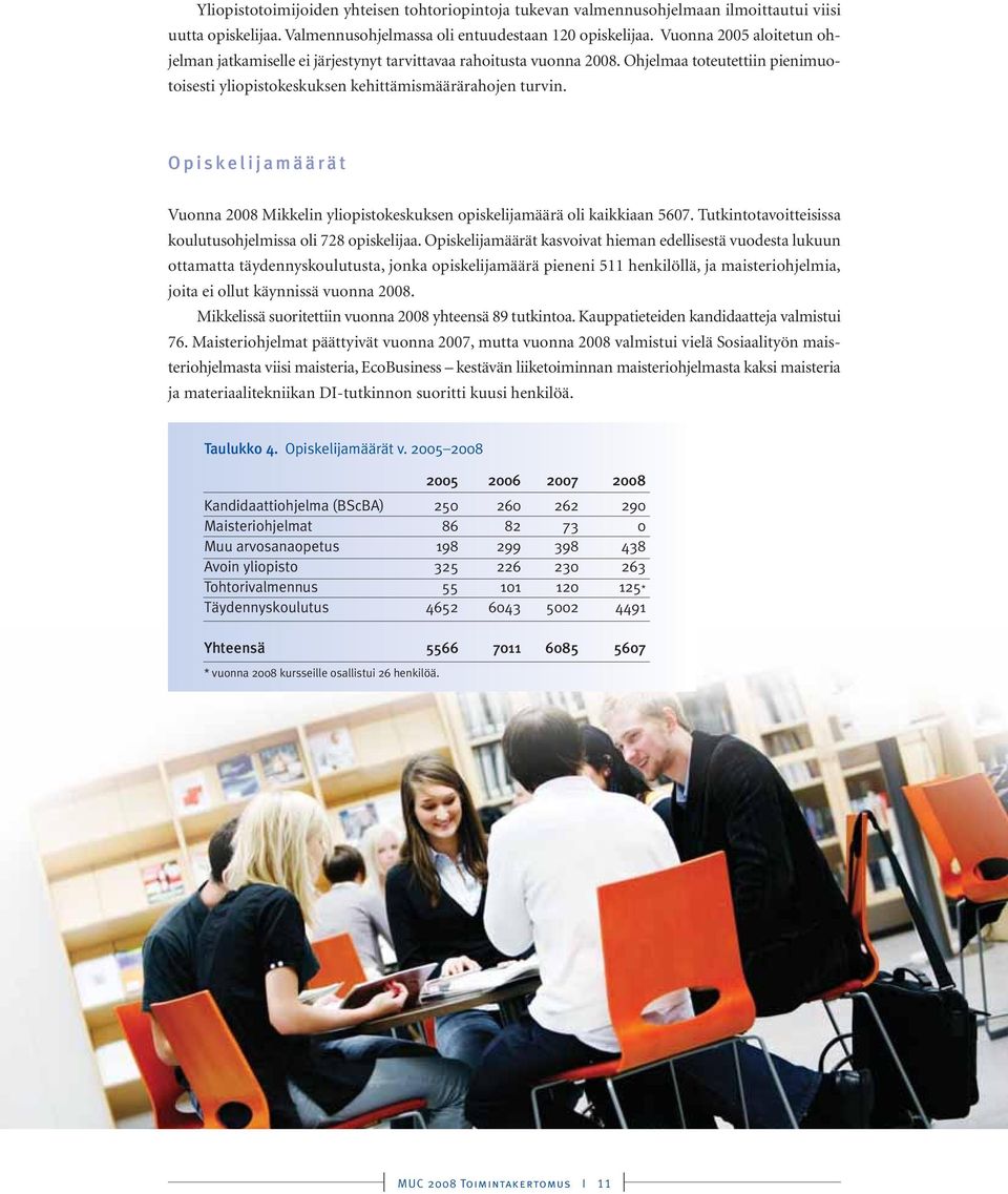 Opiskelijamäärät Vuonna 2008 Mikkelin yliopistokeskuksen opiskelijamäärä oli kaikkiaan 5607. Tutkintotavoitteisissa koulutusohjelmissa oli 728 opiskelijaa.