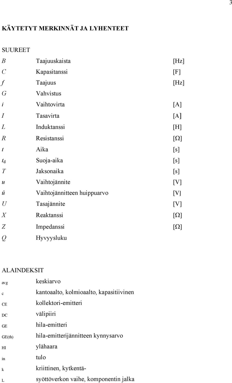 Tasajännite [V] X Reaktanssi [Ω] Z Impedanssi [Ω] Q Hyvyysluku ALAINDEKSIT avg c CE DC GE GE(th) HI in k L keskiarvo kantoaalto, kolmioaalto,