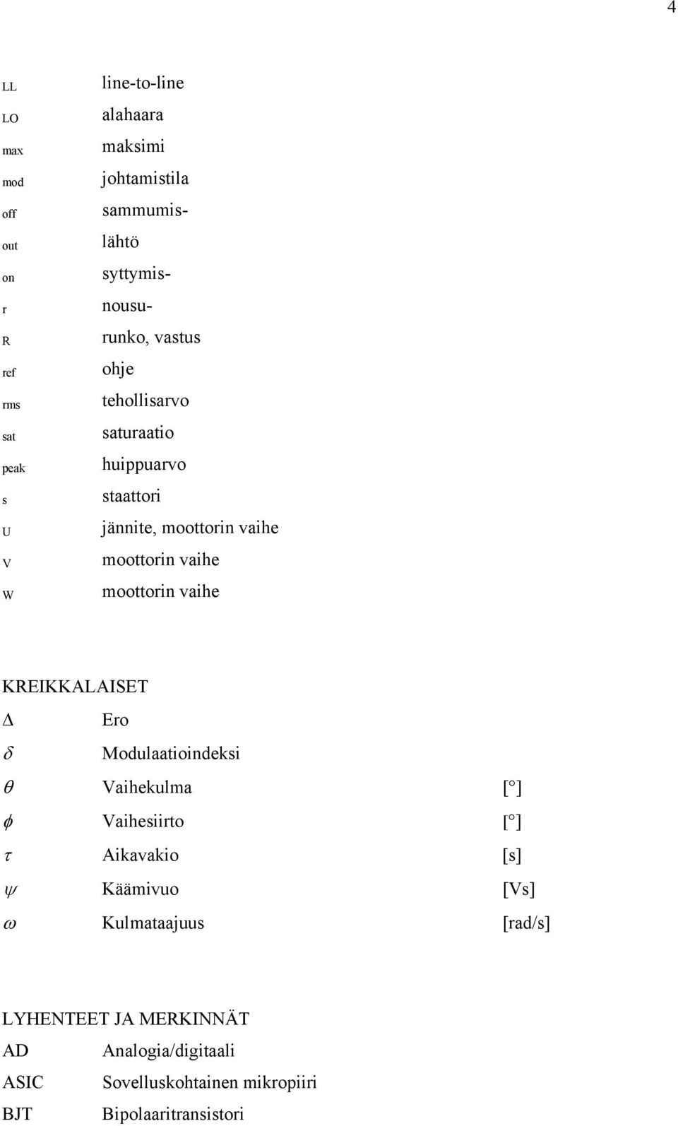 moottorin vaihe KREIKKALAISET Ero δ Modulaatioindeksi θ Vaihekulma [ ] φ Vaihesiirto [ ] τ Aikavakio [s] ψ Käämivuo