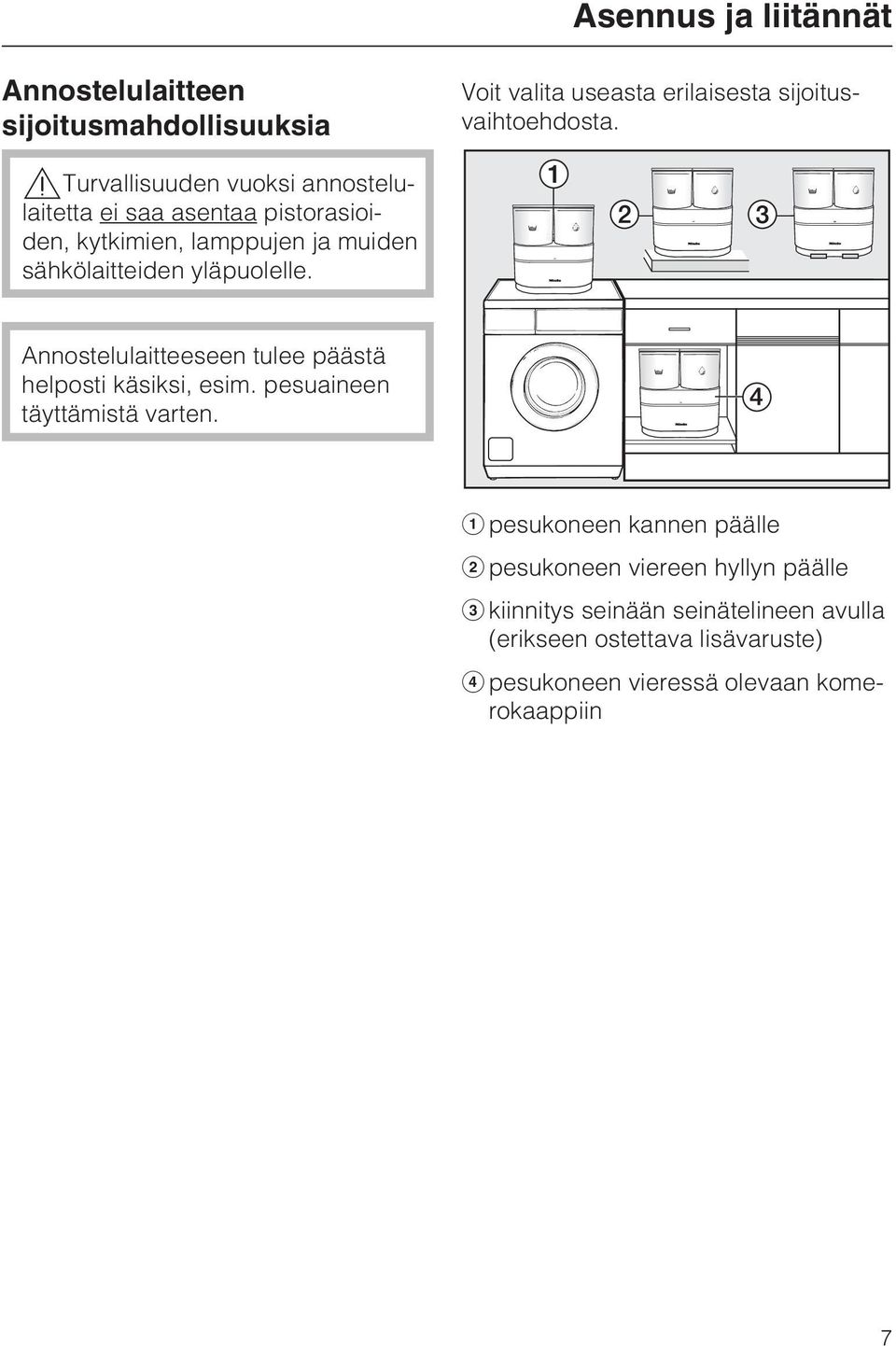 Annostelulaitteeseen tulee päästä helposti käsiksi, esim. pesuaineen täyttämistä varten.