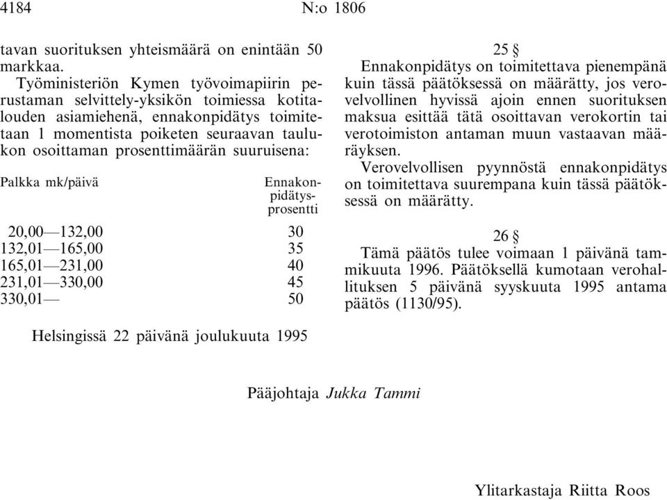 suuruisena: Palkka mk/päivä Ennakonpidätysprosentti 20,00 132,00 30 132,01 165,00 35 165,01 231,00 40 231,01 330,00 45 330,01 50 25 Ennakonpidätys on toimitettava pienempänä kuin tässä päätöksessä on