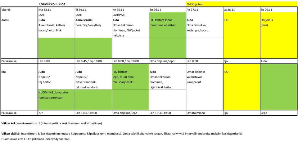 Oma tekniikka, (leiri) koord/heitot liikk. hiominen, NW jatkot ketteryys, koord.