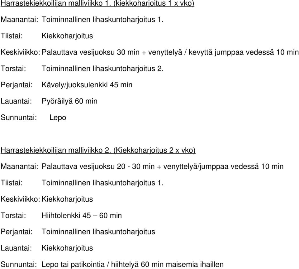 Perjantai: Lauantai: Sunnuntai: Kävely/juoksulenkki 45 min Pyöräilyä 60 min Lepo Harrastekiekkoilijan malliviikko 2.