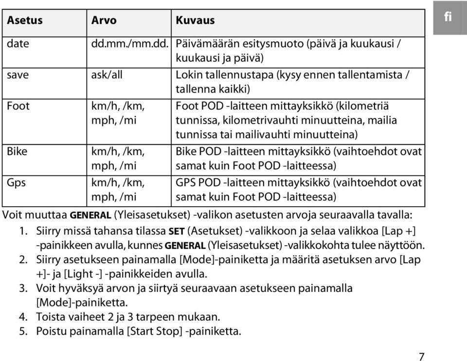 ask/all km/h, /km, mph, /mi km/h, /km, mph, /mi km/h, /km, mph, /mi Päivämäärän esitysmuoto (päivä ja kuukausi / kuukausi ja päivä) Lokin tallennustapa (kysy ennen tallentamista / tallenna kaikki)