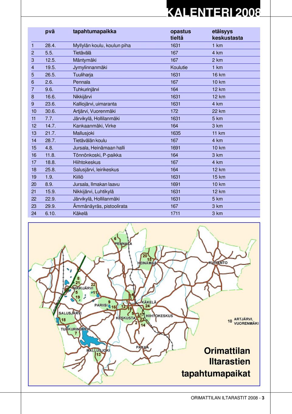 7. Kankaanmäki, Virke 164 3 km 13 21.7. Mallusjoki 1635 11 km 14 28.7. Tietävälän koulu 167 4 km 15 4.8. Jursala, Heinämaan halli 1691 10 km 16 11.8. Tönnönkoski, P-paikka 164 3 km 17 18.8. Hiihtokeskus 167 4 km 18 25.