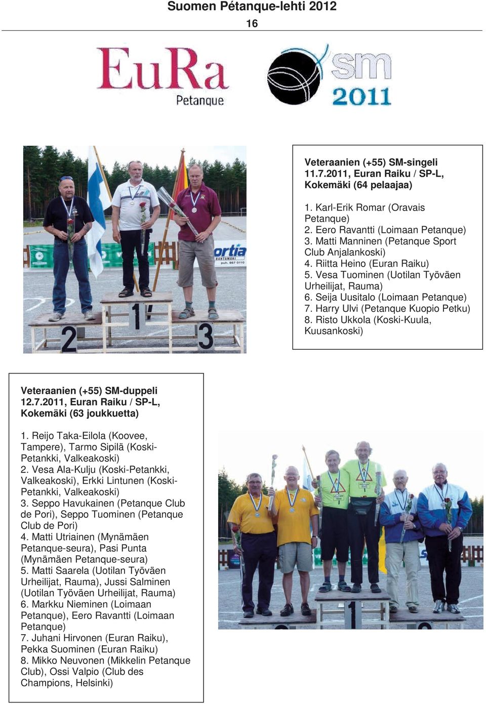 Harry Ulvi (Petanque Kuopio Petku) 8. Risto Ukkola (Koski-Kuula, Kuusankoski) Veteraanien (+55) SM-duppeli 12.7.2011, Euran Raiku / SP-L, Kokemäki (63 joukkuetta) 1.