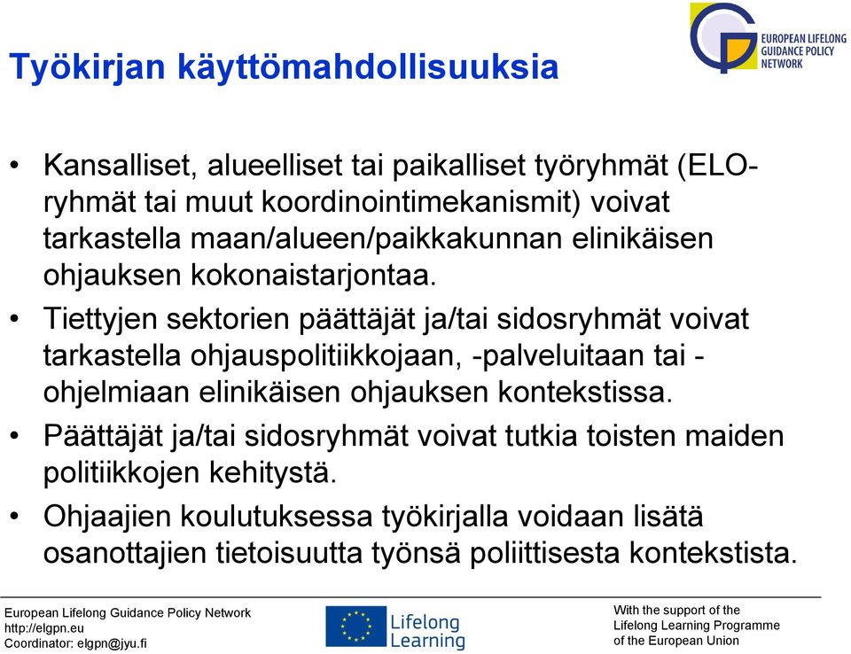 Tiettyjen sektorien päättäjät ja/tai sidosryhmät voivat tarkastella ohjauspolitiikkojaan, -palveluitaan tai - ohjelmiaan elinikäisen