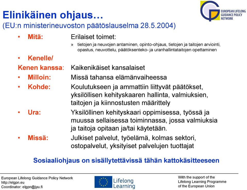 Kenen kanssa: Kaikenikäiset kansalaiset Milloin: Missä tahansa elämänvaiheessa Kohde: Koulutukseen ja ammattiin liittyvät päätökset, yksilöllisen kehityskaaren hallinta, valmiuksien, taitojen