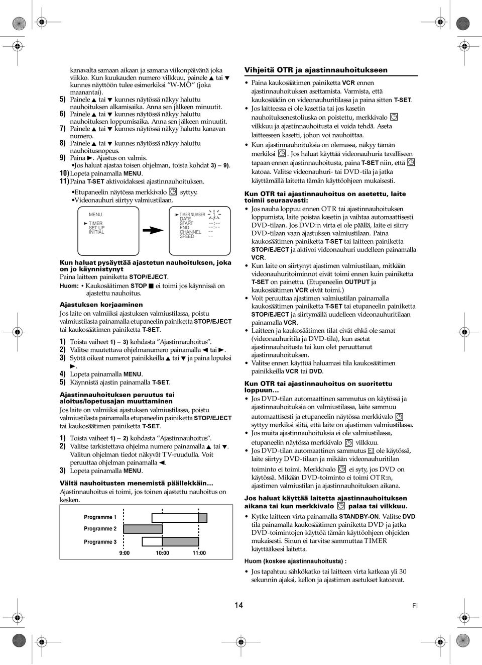 Anna sen jälkeen minuutit. 7) Painele K tai L kunnes näytössä näkyy haluttu kanavan numero. 8) Painele K tai L kunnes näytössä näkyy haluttu nauhoitusnopeus. 9) Paina B. Ajastus on valmis.