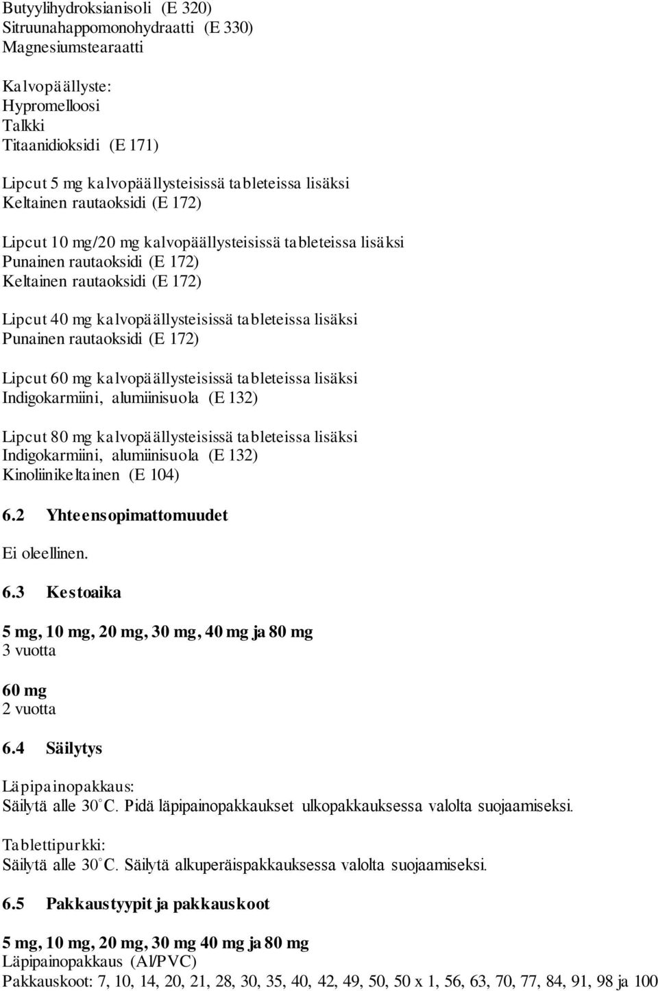 lisäksi Punainen rautaoksidi (E 172) Lipcut 60 mg kalvopäällysteisissä tableteissa lisäksi Indigokarmiini, alumiinisuola (E 132) Lipcut 80 mg kalvopäällysteisissä tableteissa lisäksi Indigokarmiini,