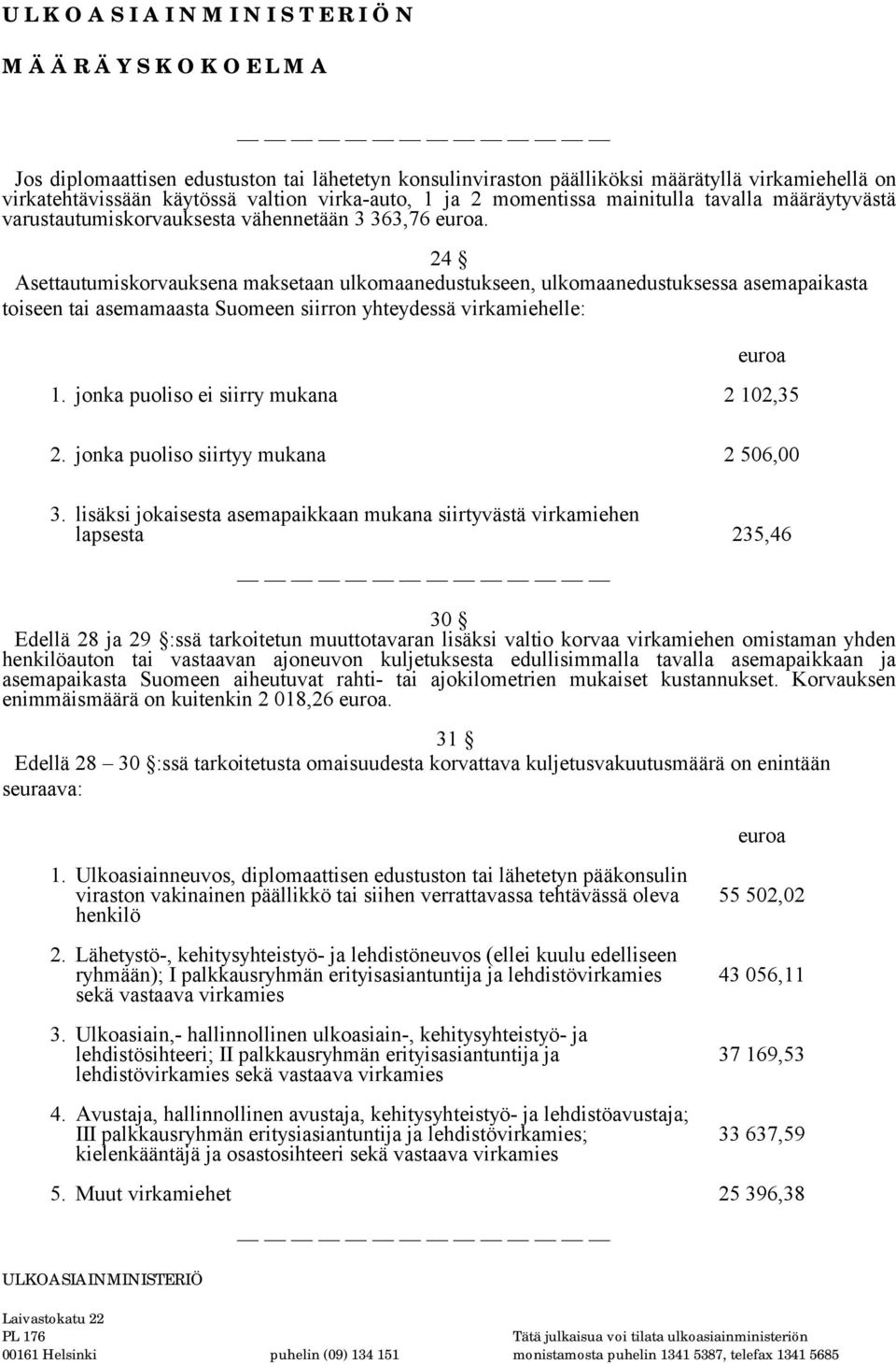 24 Asettautumiskorvauksena maksetaan ulkomaanedustukseen, ulkomaanedustuksessa asemapaikasta toiseen tai asemamaasta Suomeen siirron yhteydessä virkamiehelle: 1.