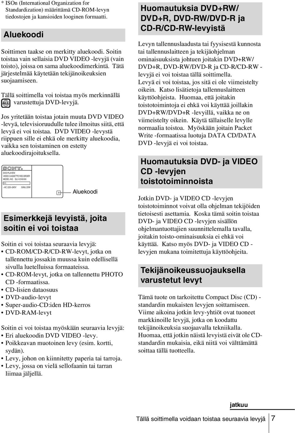 Tällä soittimella voi toistaa myös merkinnällä ALL varustettuja DVD-levyjä. Jos yritetään toistaa jotain muuta DVD VIDEO -levyä, televisioruudulle tulee ilmoitus siitä, että levyä ei voi toistaa.