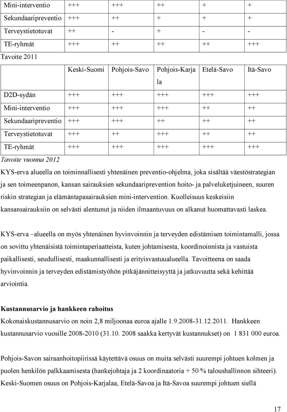 alueella on toiminnallisesti yhtenäinen preventio-ohjelma, joka sisältää väestöstrategian ja sen toimeenpanon, kansan sairauksien sekundaariprevention hoito- ja palveluketjuineen, suuren riskin